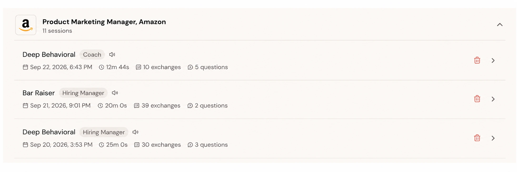 Amazon product marketing practice history showing Deep Behavioral and Bar Raiser sessions