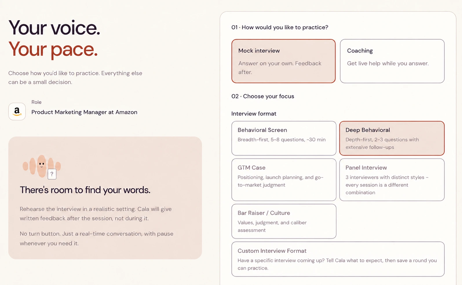 Amazon product marketing interview setup with mock interview and coaching options, including Deep Behavioral practice